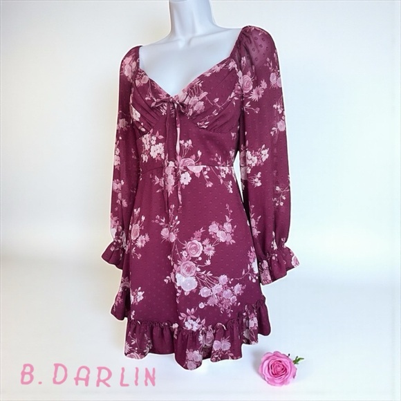 B Darlin Long Sleeve Floral EMMA Dress in Burgundy Size 3-4 Juniors NWOT - Picture 1 of 6